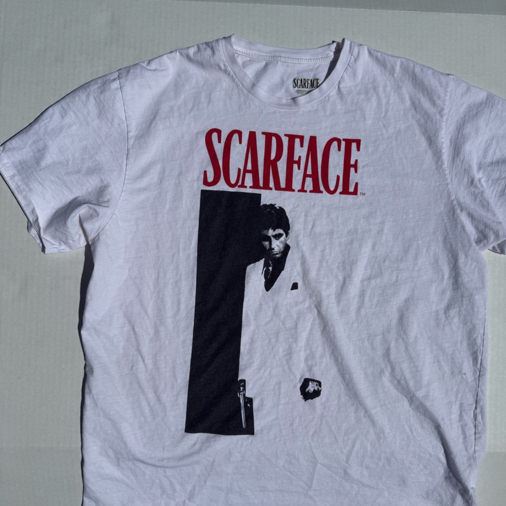 White and Black Short Sleeve Tee with Graphic Design